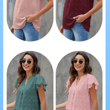 Women's Tops Summer V Neck Tunic Ruffle Short Sleeve T Shirts Loose Casual Blouses