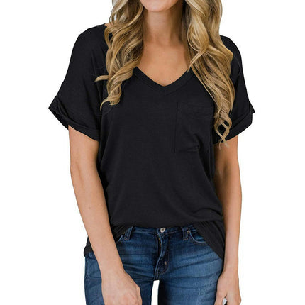 Women's V Neck Summer Short Sleeve Tshirts Casual Tunic Tops with Pocket