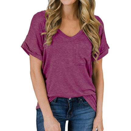 Women's V Neck Summer Short Sleeve Tshirts Casual Tunic Tops with Pocket