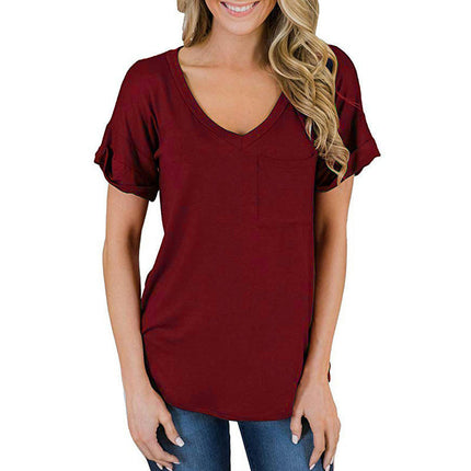 Women's V Neck Summer Short Sleeve Tshirts Casual Tunic Tops with Pocket