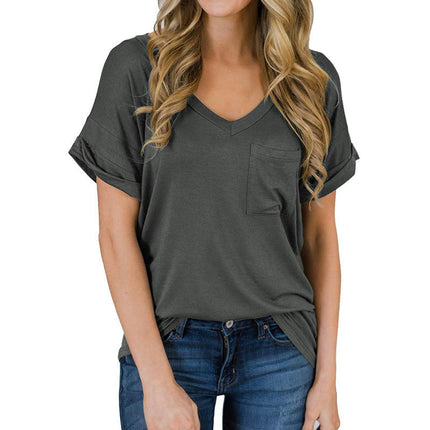 Women's V Neck Summer Short Sleeve Tshirts Casual Tunic Tops with Pocket