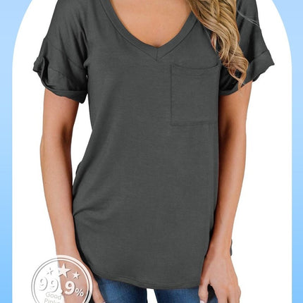 Women's V Neck Summer Short Sleeve Tshirts Casual Tunic Tops with Pocket