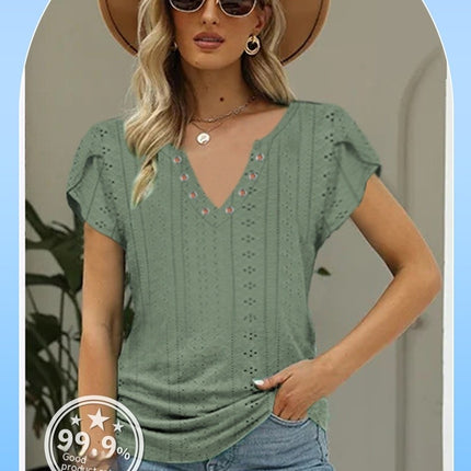 Women's Summer Tops Casual V Neck Tee Shirts Petal Sleeve Loose Blouse