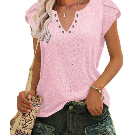 Women's Summer Tops Casual V Neck Tee Shirts Petal Sleeve Loose Blouse