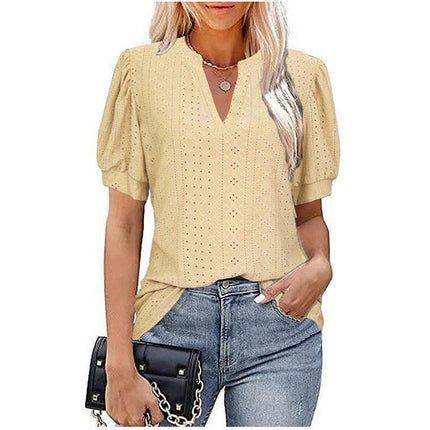 Summer Puff Short Sleeve Shirts for Women Loose T Shirt V Neck Tunic Blouse Tops