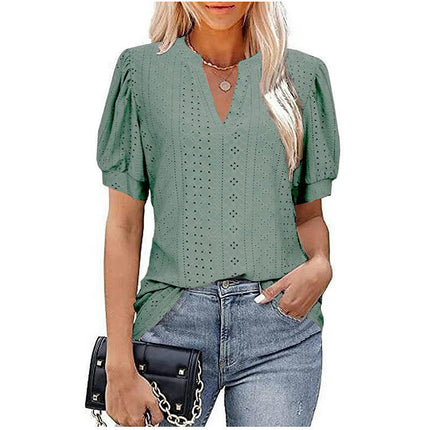 Summer Puff Short Sleeve Shirts for Women Loose T Shirt V Neck Tunic Blouse Tops