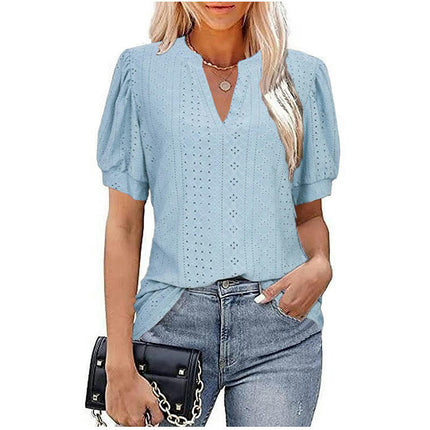 Summer Puff Short Sleeve Shirts for Women Loose T Shirt V Neck Tunic Blouse Tops