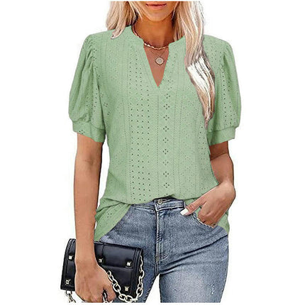 Summer Puff Short Sleeve Shirts for Women Loose T Shirt V Neck Tunic Blouse Tops