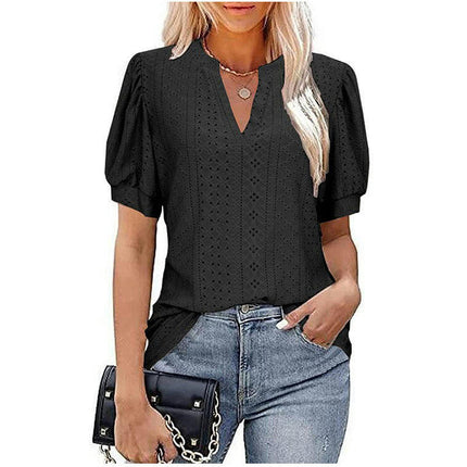 Summer Puff Short Sleeve Shirts for Women Loose T Shirt V Neck Tunic Blouse Tops