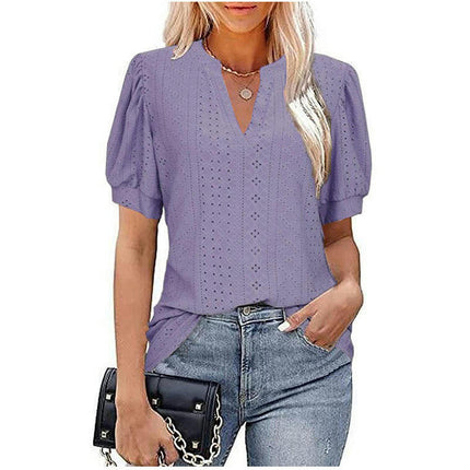 Summer Puff Short Sleeve Shirts for Women Loose T Shirt V Neck Tunic Blouse Tops