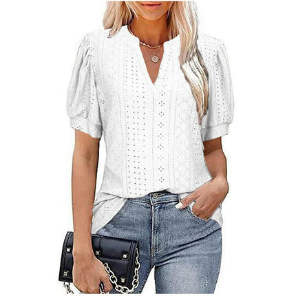 Summer Puff Short Sleeve Shirts for Women Loose T Shirt V Neck Tunic Blouse Tops