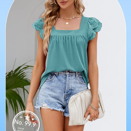 Women's Summer Tops Square Neck Ruffle Sleeve Shirts Casual T Shirts