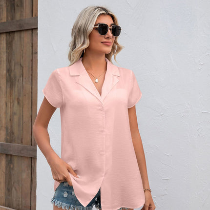 Button Down Shirts Short Sleeve V-Neck Satin Blouse Tunic Top for Women