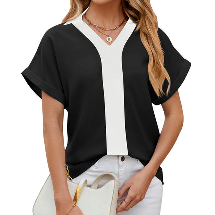 Women's Chiffon Blouse Tunic Tops V Neck Short Sleeve Casual Tops