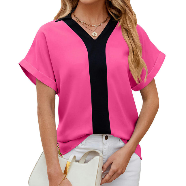 Women's Chiffon Blouse Tunic Tops V Neck Short Sleeve Casual Tops