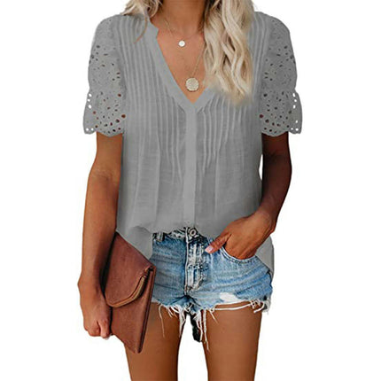 Women's Tunic Tops Lace Short Sleeve V Neck Blouses Shirts