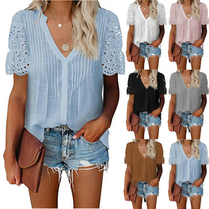 Women's Tunic Tops Lace Short Sleeve V Neck Blouses Shirts