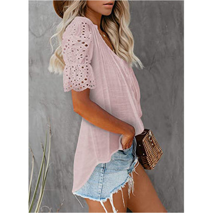 Women's Tunic Tops Lace Short Sleeve V Neck Blouses Shirts