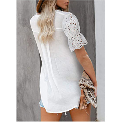 Women's Tunic Tops Lace Short Sleeve V Neck Blouses Shirts