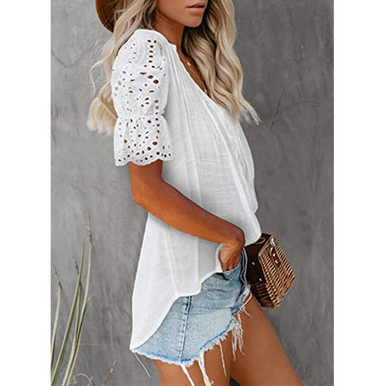 Women's Tunic Tops Lace Short Sleeve V Neck Blouses Shirts