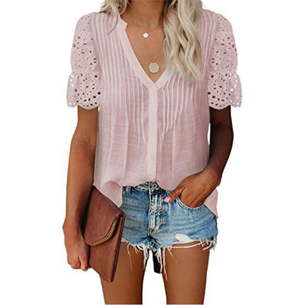 Women's Tunic Tops Lace Short Sleeve V Neck Blouses Shirts