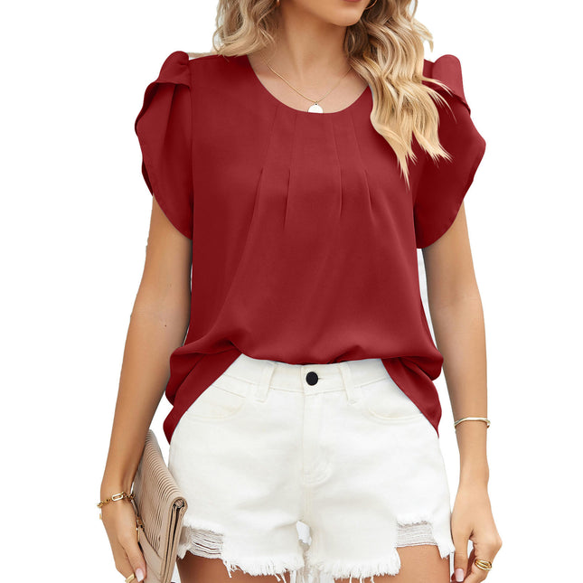 Women's Blouses Crew Neck Petal Sleeve Shirts Summer Tops Tunic