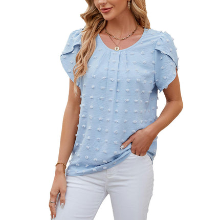 Women's Summer Tops Petal Short Sleeve Shirts Round Neck Chiffon Blouses