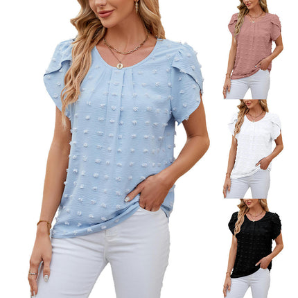 Women's Summer Tops Petal Short Sleeve Shirts Round Neck Chiffon Blouses