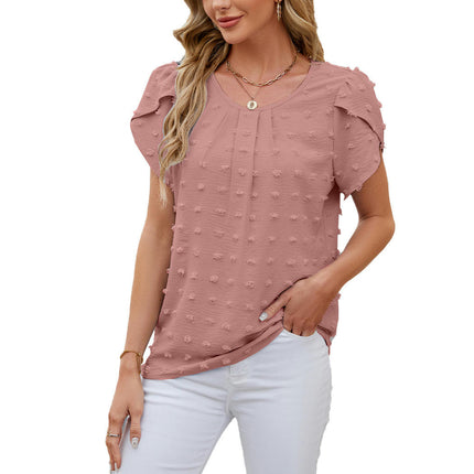 Women's Summer Tops Petal Short Sleeve Shirts Round Neck Chiffon Blouses