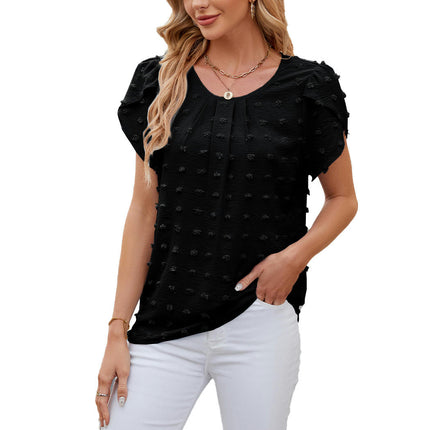 Women's Summer Tops Petal Short Sleeve Shirts Round Neck Chiffon Blouses