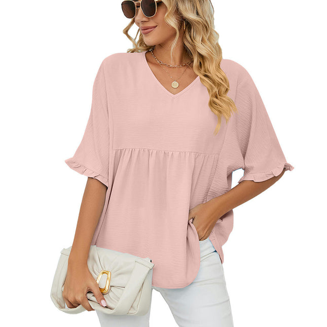 Women's Summer Chiffon Blouses Short Sleeve V Neck Tunic Tops