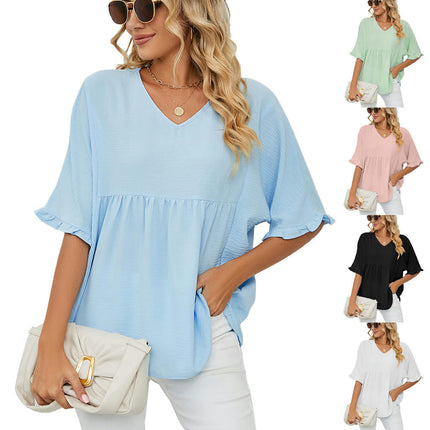 Women's Summer Chiffon Blouses Short Sleeve V Neck Tunic Tops