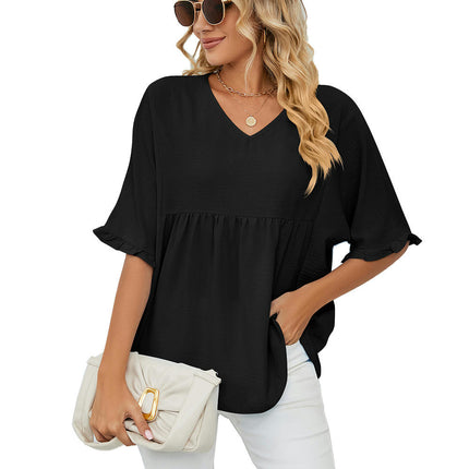 Women's Summer Chiffon Blouses Short Sleeve V Neck Tunic Tops