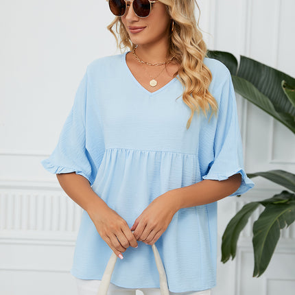 Women's Summer Chiffon Blouses Short Sleeve V Neck Tunic Tops