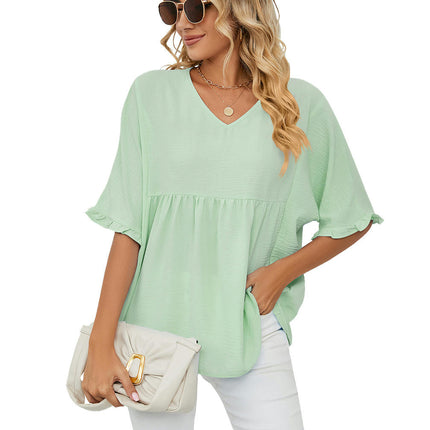 Women's Summer Chiffon Blouses Short Sleeve V Neck Tunic Tops