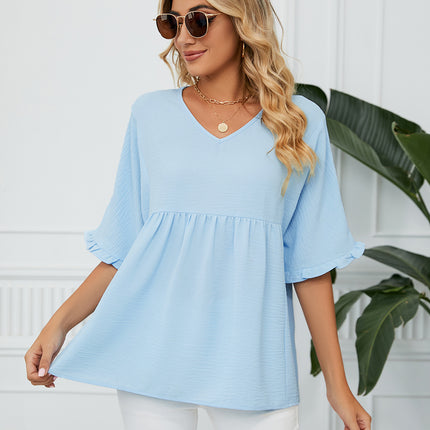 Women's Summer Chiffon Blouses Short Sleeve V Neck Tunic Tops