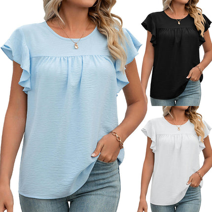 Blouses for Women Crewneck Ruffle Sleeve Flowy Shirts Summer Tops