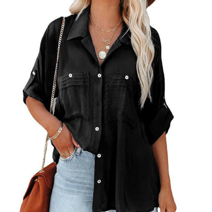 Women's Long Sleeve Shirts V Neck Button Down Shirt Tops with Pockets