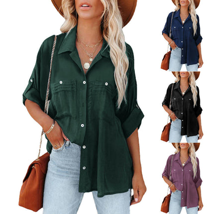 Women's Long Sleeve Shirts V Neck Button Down Shirt Tops with Pockets