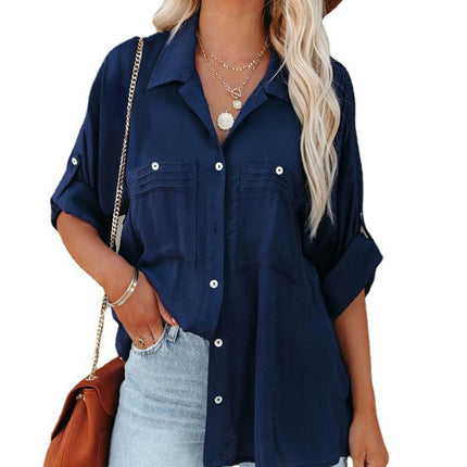 Women's Long Sleeve Shirts V Neck Button Down Shirt Tops with Pockets