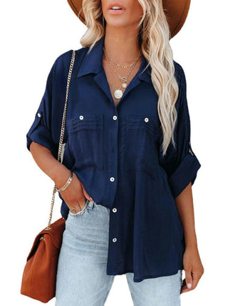 Women's Long Sleeve Shirts V Neck Button Down Shirt Tops with Pockets