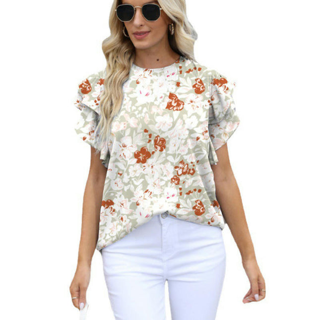 Women's Casual Round Neck Top Double Ruffle Short Sleeve Blouse