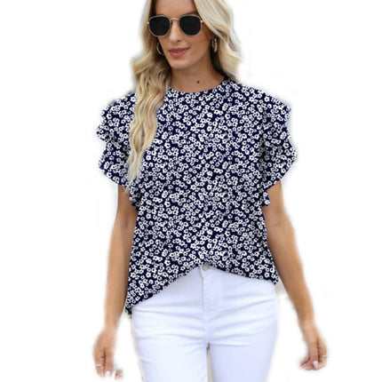 Women's Casual Round Neck Top Double Ruffle Short Sleeve Blouse