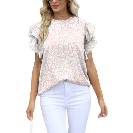 Women's Casual Round Neck Top Double Ruffle Short Sleeve Blouse