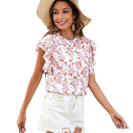 Women's Casual Round Neck Top Double Ruffle Short Sleeve Blouse