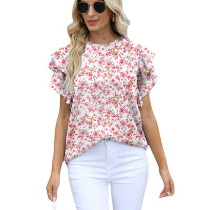 Women's Casual Round Neck Top Double Ruffle Short Sleeve Blouse