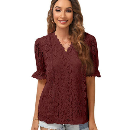 Women's V Neck Lace Crochet Boho Tops Flowy Casual Blouses Shirts