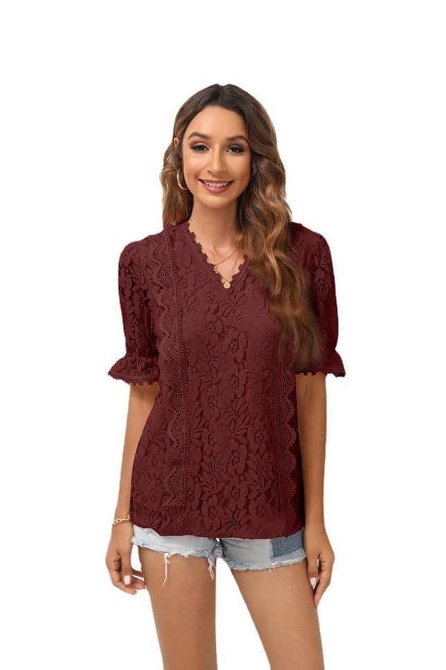 Women's V Neck Lace Crochet Boho Tops Flowy Casual Blouses Shirts