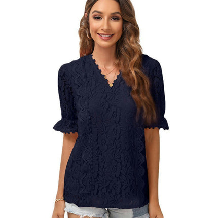 Women's V Neck Lace Crochet Boho Tops Flowy Casual Blouses Shirts