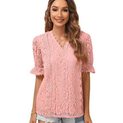 Women's V Neck Lace Crochet Boho Tops Flowy Casual Blouses Shirts